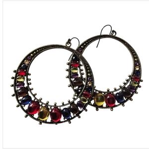Goldtone Multicolored Stone Dangle Earrings 2-2/4" Drop New Fishhook Closure